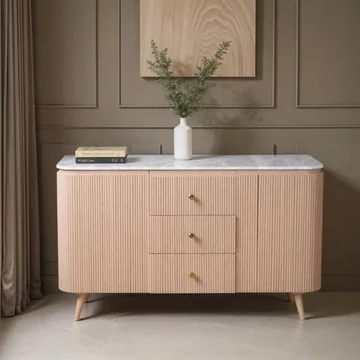 Ashford curved sideboard - 2 door - 3 drawer - 140cm - medium - fluted - pale taupe - marble top and mango wood
