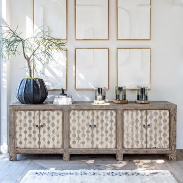 Unique one of a kind - distressed sideboard - 6 door - 227cm - patterned - extra large - grey - lacquered pine wood