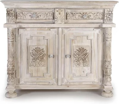 Greth sideboard - distressed white carved mango wood - 2 door - small - 120cm