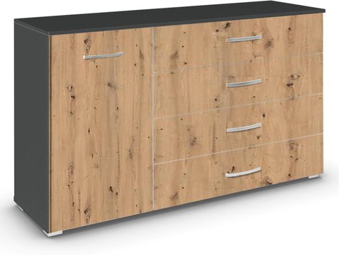 Aditio medium sideboard - 120cm - 1 door - 4 drawer - metallic dark grey & artisan oak