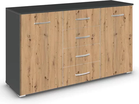 Aditio medium sideboard - 120cm - 2 door - 4 drawer - metallic dark grey & artisan oak