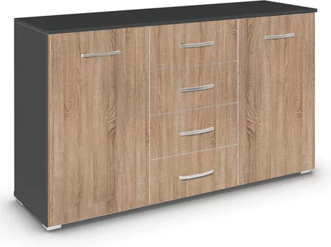 Aditio medium sideboard - 120cm - 2 door - 4 drawer - metallic dark grey & sonoma oak