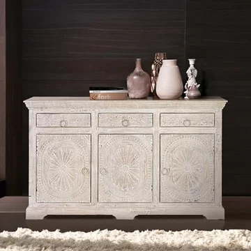 Rrethi sideboard - distressed white carved mango wood - 3 door - medium - 150cm