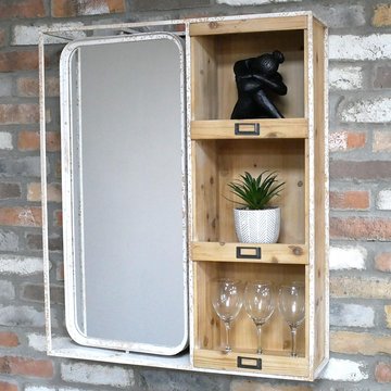 Mirror - wood and white metal - with shelves