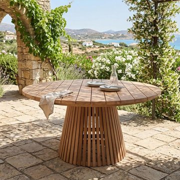 Cindo garden dining table - 120cm - 4 seater - round - slatted base - natural - teak wood