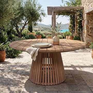 Cindo garden dining table - 150cm - 6 seater - round - slatted base - natural - teak wood