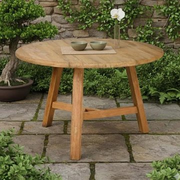 Hawthorne outdoor round dining table natural teak wood