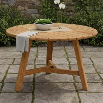 Hawthorne outdoor round slatted dining table natural teak wood