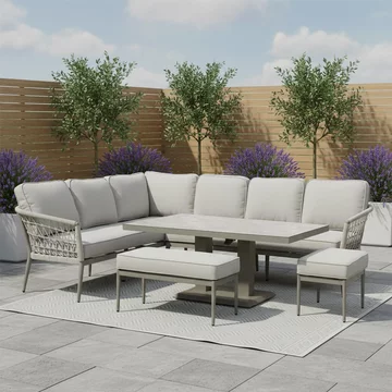 Monaco corner garden dining set - rising table - ceramic top - cool linen