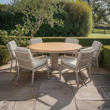 Sicily round garden dining set - 6 seater - 160cm - with teak arms - latte