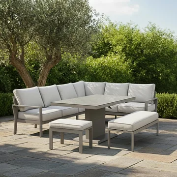 Montreal large corner garden dining sofa set - rising table - ceramic top - cool linen