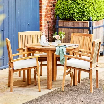 Churn outdoor teak table 100cm and 4 henley stacking chairs