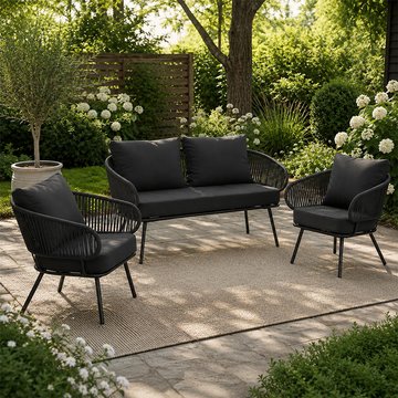 Poa outdoor sofa set - 2+1+1 seater - black - rattan and metal