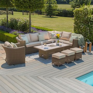 Winchester deluxe corner garden dining set - rising table - ceramic top - natural rattan