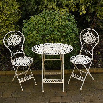 Garden table - distressed white metal - oval - with 2 chairs
