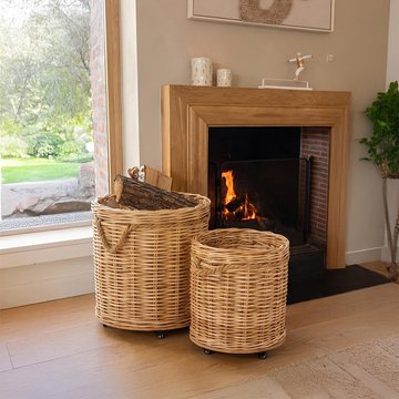 Flowerpot storage basket - set of 2 - round - on wheels - natural - wicker and bamboo wood