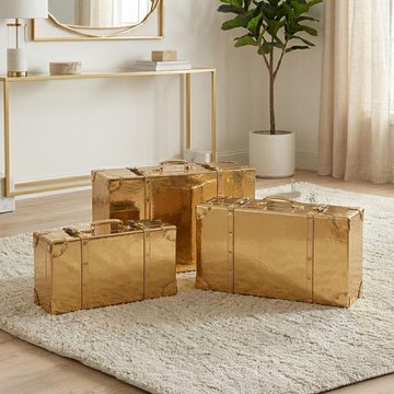Shiny storage box - set of 3 - gold - wood