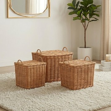 Storage basket - set of 3 - with handles - natural - wicker and bamboo wood