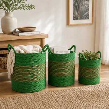 Striped basket - set of 3 - round - natural and green - raffia