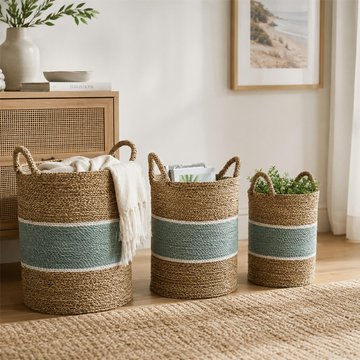 Striped basket - set of 3 - round - natural and turquoise blue - seagrass