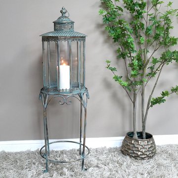 Blue metal lantern - large - with stand