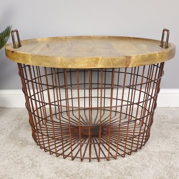 Basket - rustic - with wood lid - metal & wood
