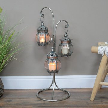 Grey lanterns - 3 hanging on stand - set of 2 - metal