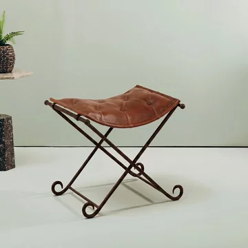 Buffalo folding stool - tan - leather with metal