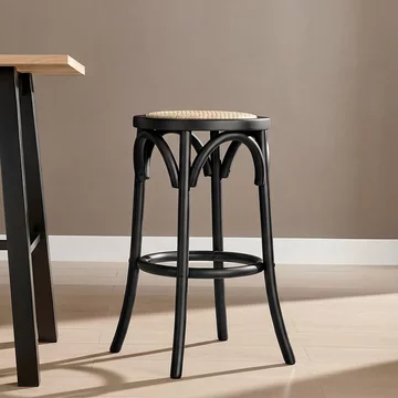 Corso stool - round - black birchwood and natural rattan
