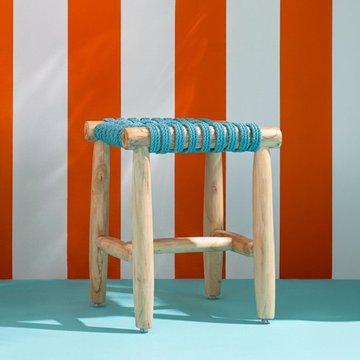Stool - square - turquoise blue - teak wood