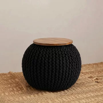 Fusion pouffe - mango wood with black woven round design