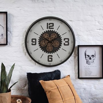 Hollow gears wall clock - round - black and white - wood