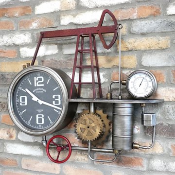 Industrial wall clock - silver and red - steampunk pipe - metal