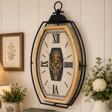 Wall clock - with cogs - natural and black - wood and metal