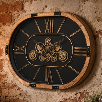Wall clock - with cogs - oval - natural and black - wood and metal