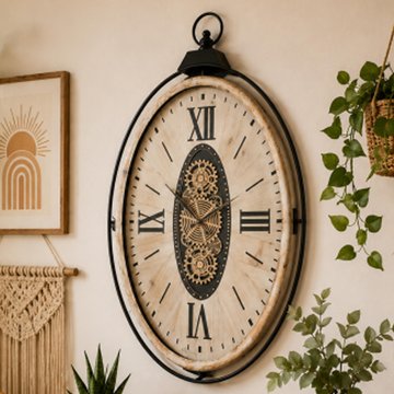 Wall clock - with cogs - oval - white distressed - wood and metal