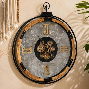 Wall clock - with cogs - round - wood and marble effect