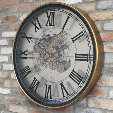 Industrial wall clock - with cogs - round - antique brass and white - metal