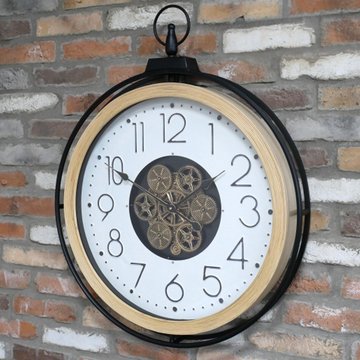 Industrial wall clock - with cogs - round - black - wood and metal