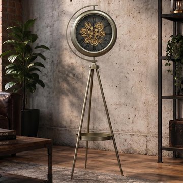 Industrial clock - tripod leg - round - antique brushed - metal