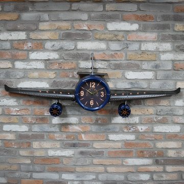 Aeroplane wall clock - industrial style - blue & black metal