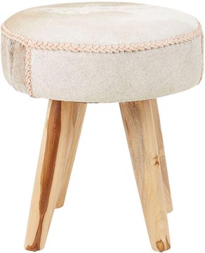 Kendari footstool - round - beige leather with teak wood
