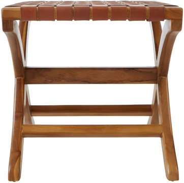 Kendari stool - square - brown leather with teak wood