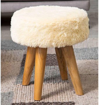 Kendari footstool - round - cream faux fur with teak wood