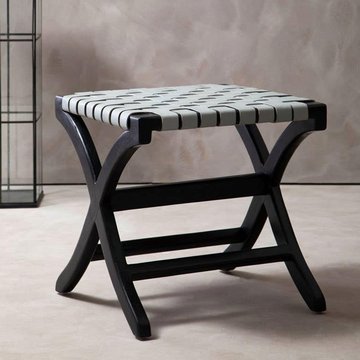 Kendari stool - square - grey leather with teak wood