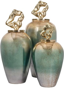 Betany ceramic jar - gold- green and white - large