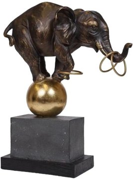 Elephant at play sculpture - black and gold - metal