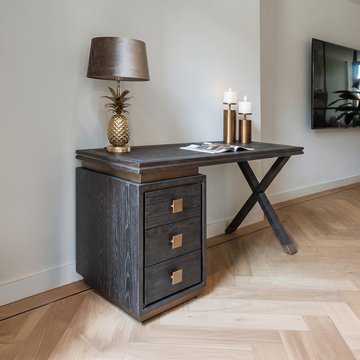 Hunter black oak 3 drawer desk with gold trim
