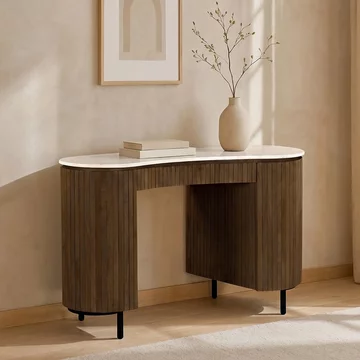 Brix dexter fluted office desk - 1 door - 1 drawer - beige and brown - mango wood