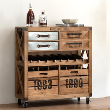 Wine cabinet - multi drawer - on wheels - fir wood
